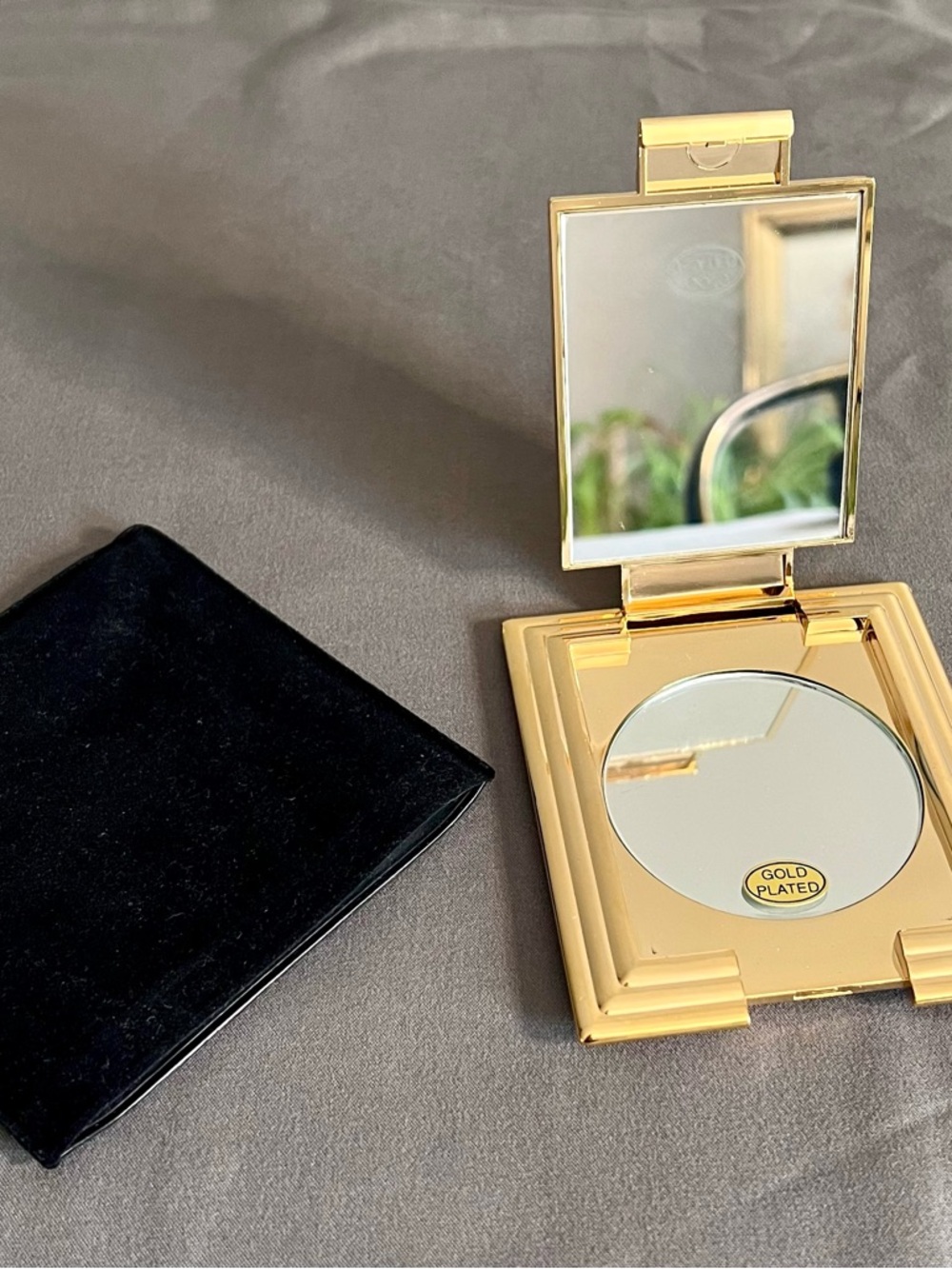 VTG Gold Plated Square Compact Double Mirror W/ Storage Pouch MCM